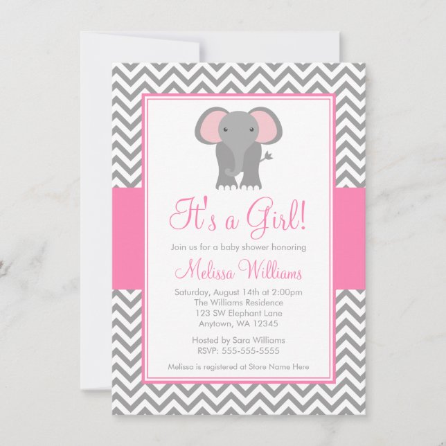 Elephant Chevron Pink Grey Girl Baby Shower Invitation (Front)