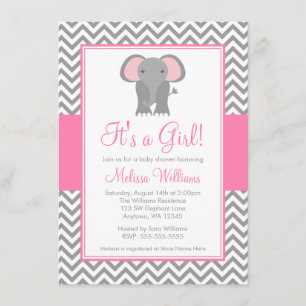 Elephant Chevron Pink Grey Girl Baby Shower Invitation