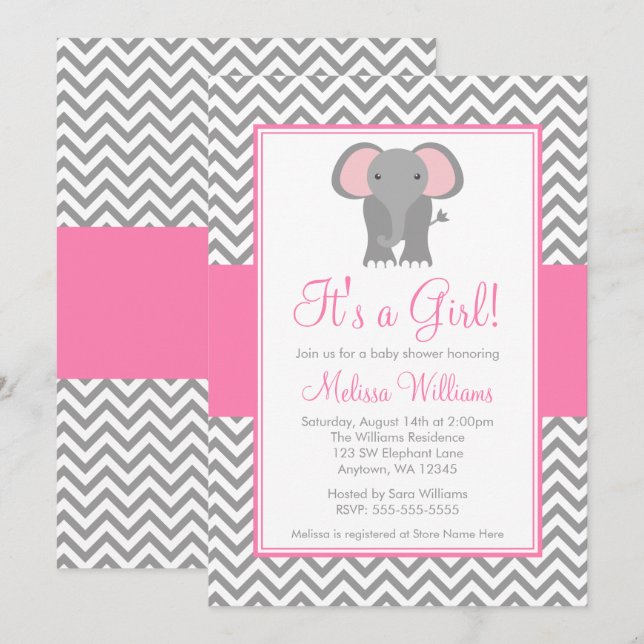 Elephant Chevron Pink Grey Girl Baby Shower Invitation (Front/Back)