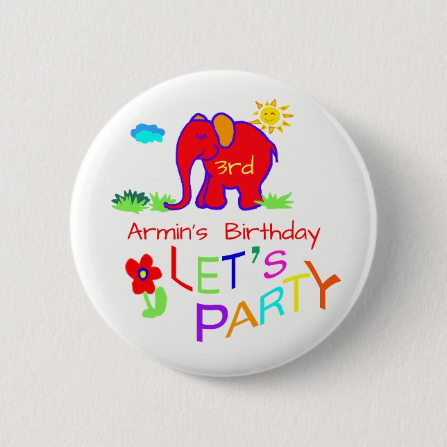 Elephant Children Drawing Name & Age Birthday 2 Inch Round Button (Front)
