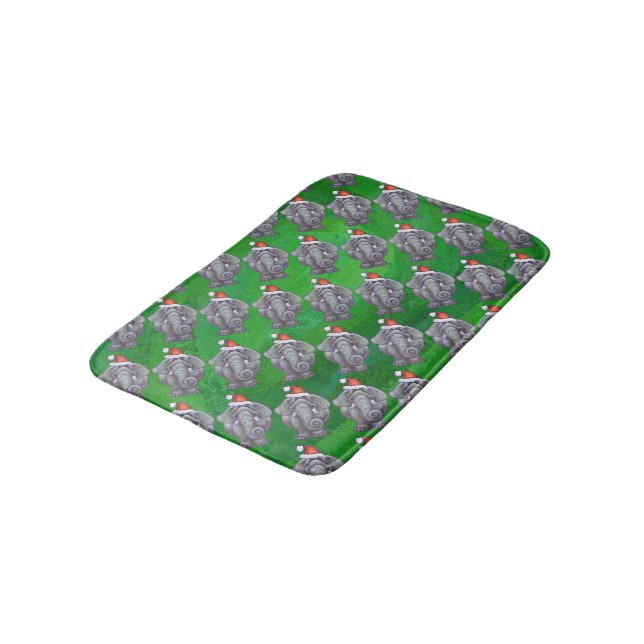 Elephant Christmas On Green Bath Mat (Angled)