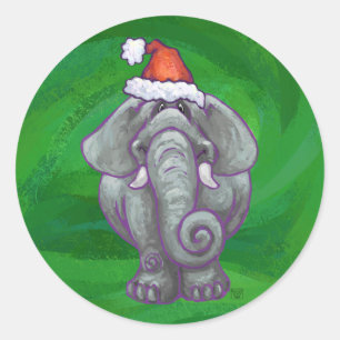 Elephant Christmas On Green Classic Round Sticker