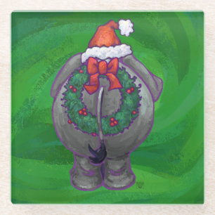 Elephant Christmas On Green Glass Coaster