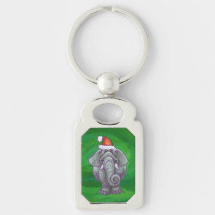 Elephant Christmas On Green Keychain