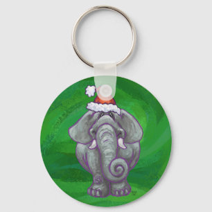 Elephant Christmas On Green Keychain
