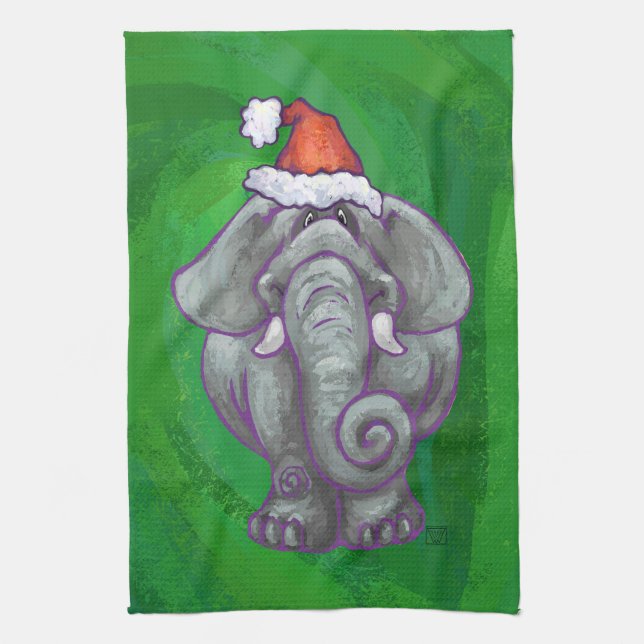 Elephant Christmas On Green Kitchen Towel (Vertical)