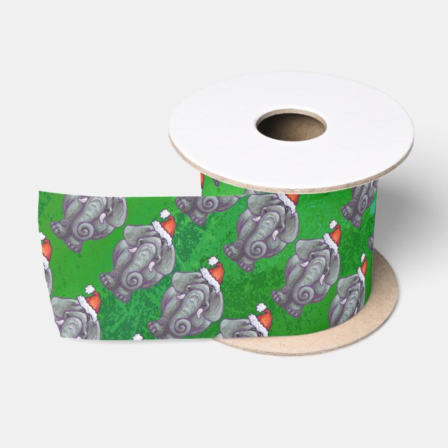 Elephant Christmas On Green Satin Ribbon (Spool)