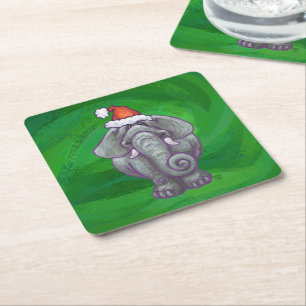 Elephant Christmas On Green Square Paper Coaster