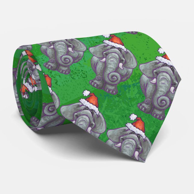 Elephant Christmas On Green Tie (Rolled)