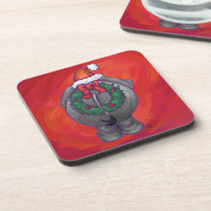 Elephant Christmas On Red Coaster