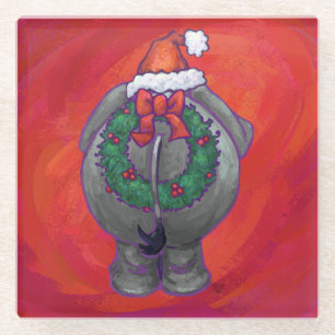 Elephant Christmas On Red Glass Coaster