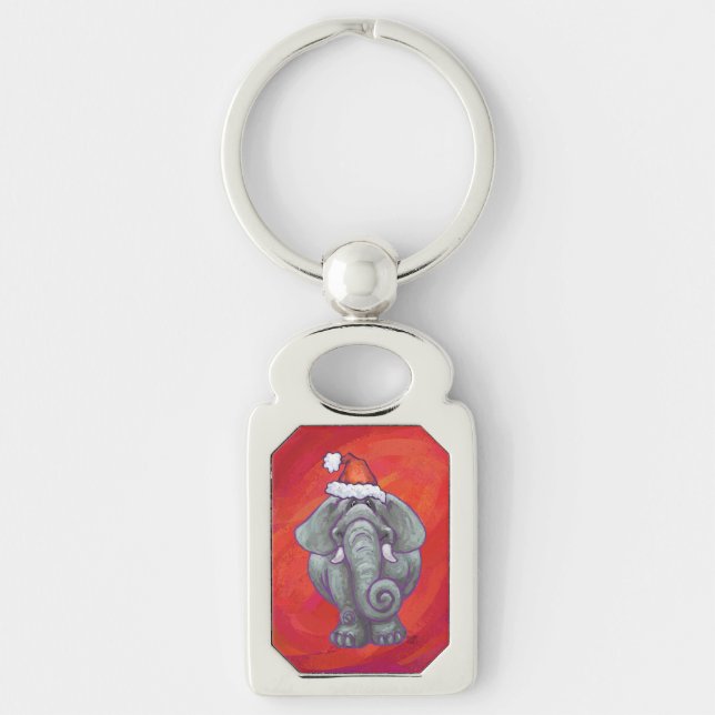 Elephant Christmas On Red Keychain (Front)