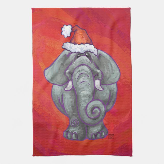 Elephant Christmas On Red Kitchen Towel (Vertical)