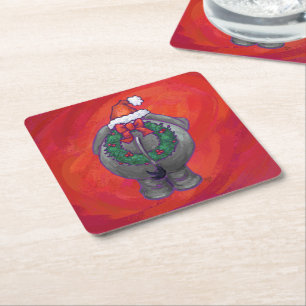 Elephant Christmas On Red Square Paper Coaster