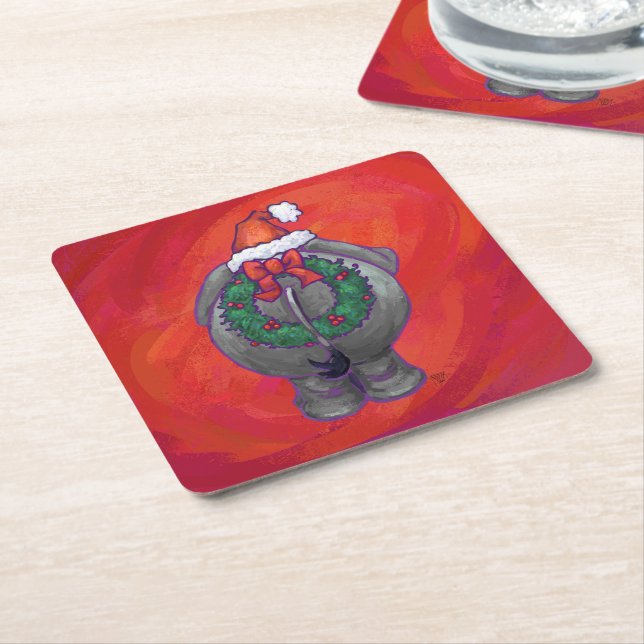 Elephant Christmas On Red Square Paper Coaster (Angled)