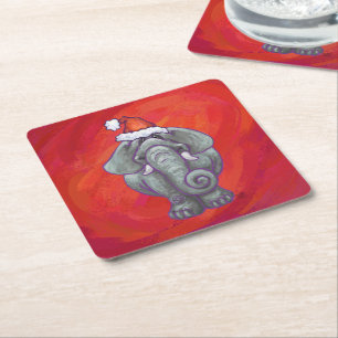Elephant Christmas On Red Square Paper Coaster