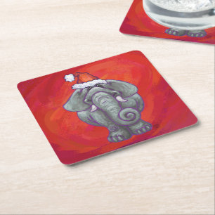 Elephant Christmas On Red Square Paper Coaster