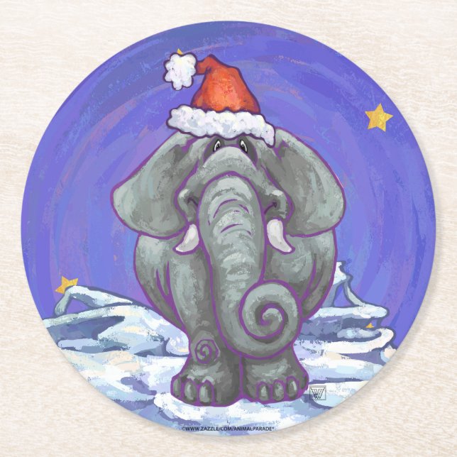 Elephant Christmas Round Paper Coaster (Front)