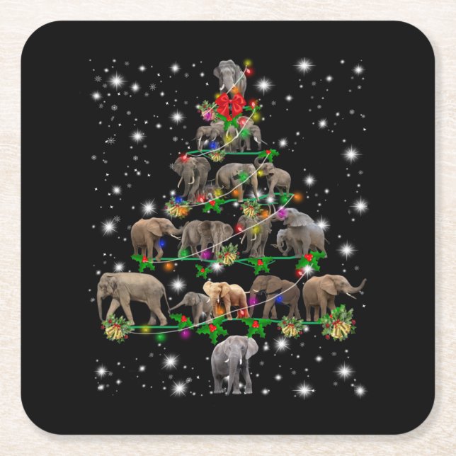 Elephant Christmas Tree Covered By Flashlight Square Paper Coaster (Front)