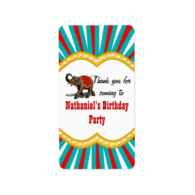 Elephant Circus Kids Boys Birthday Party Favour Label (Front)