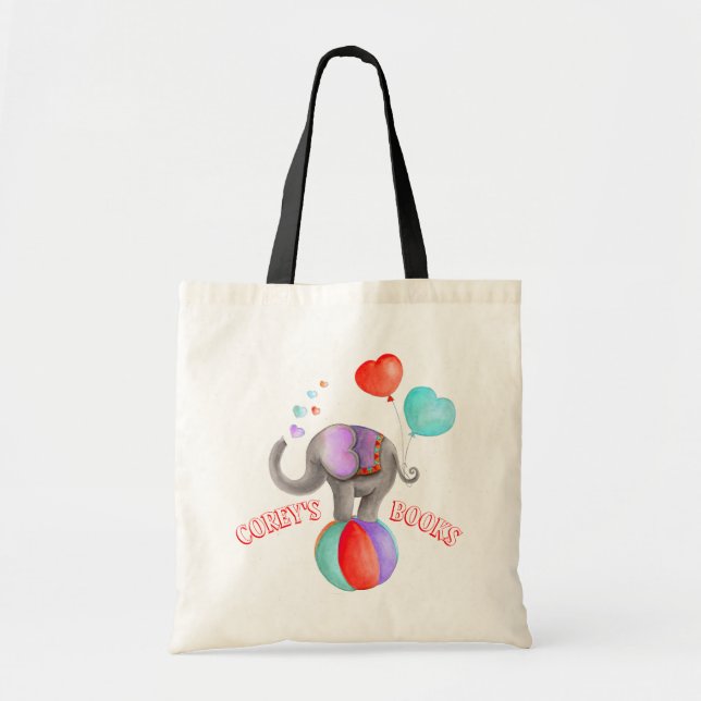 Elephant circus watercolor art name library bag (Front)