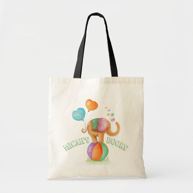 Elephant circus watercolor art name library bag (Front)