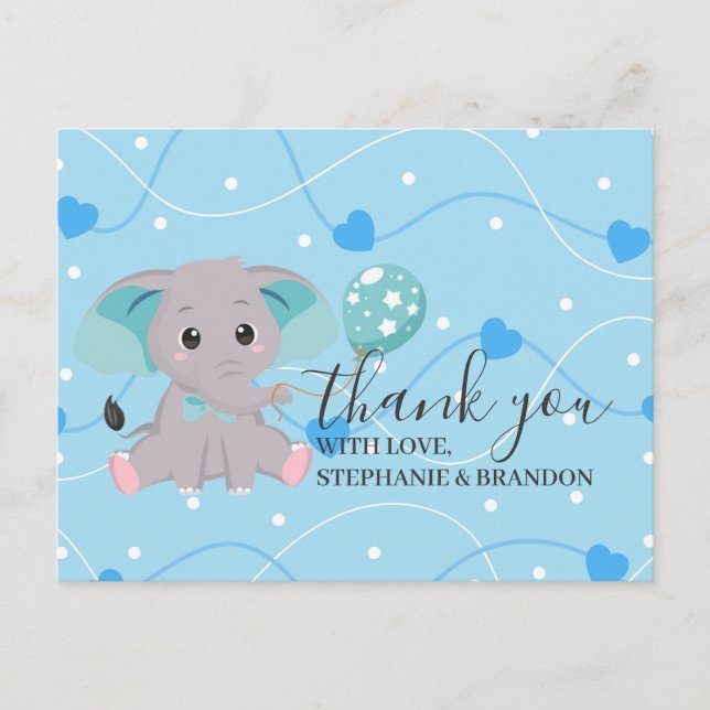 Elephant Coeurs Bleus Ballons Cartes de remercieme (Devant)