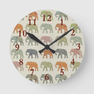 Elephant Colourful Animal Pattern Contemporary Round Clock