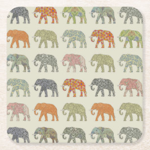 Elephant Colourful Animal Pattern Contemporary Square Paper Coaster