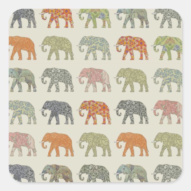Elephant Colourful Animal Pattern Contemporary Square Sticker (Front)
