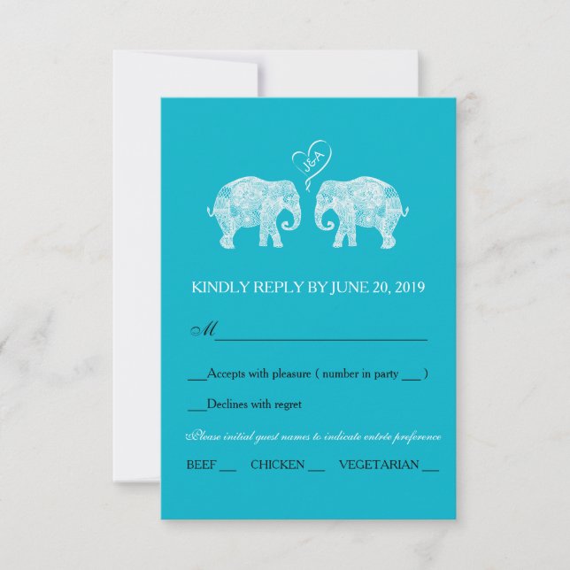 Elephant Couple Heart Custom Colour Wedding RSVP Card (Front)