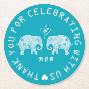 Elephant Couple Love Heart Custom Wedding Favour Round Paper Coaster