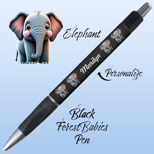 Elephant Cute Jungle Safari Woodland Animal Black  Pen (Cute Whimsical Elephant  Jungle Safari Animal Cartoon Graphic Black Customizable ForestBabies Pen 🐘)