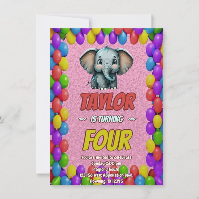 Elephant Cute Personalized Birthday Invite Kids (Front)