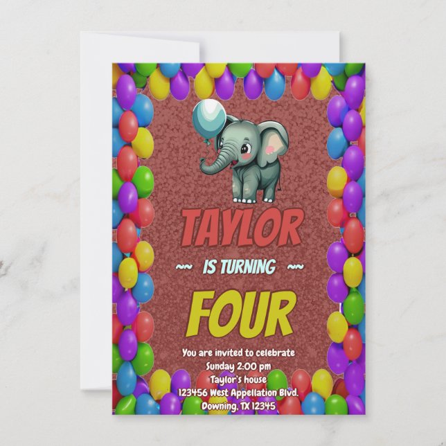 Elephant Cute Personalized Birthday Invite Kids (Front)