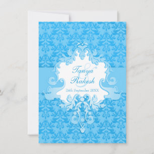 Elephant damask aqua blue wedding invitation