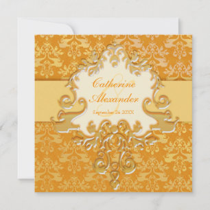 Elephant damask gold & cream wedding square invite