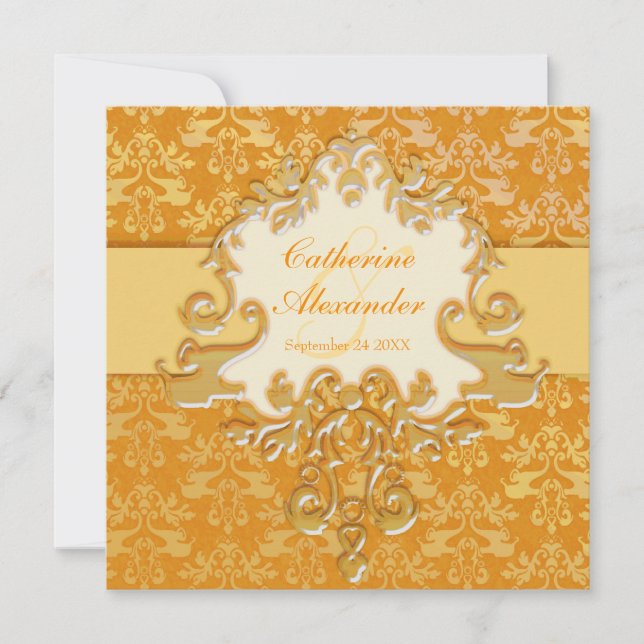 Elephant damask gold & cream wedding square invite (Front)