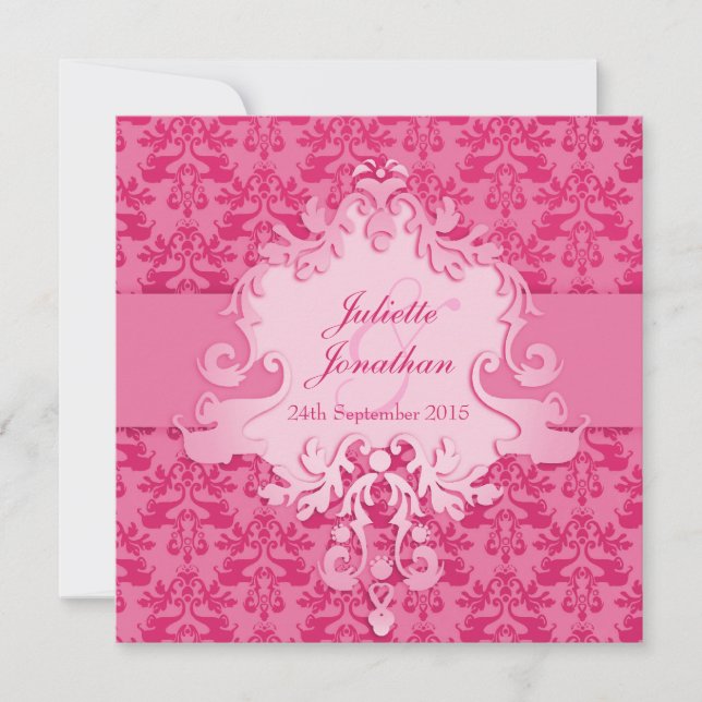 Elephant damask pink wedding square invitation (Front)
