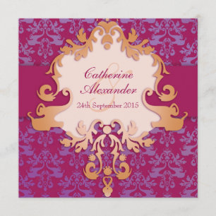 Elephant damask red golden wedding square invite