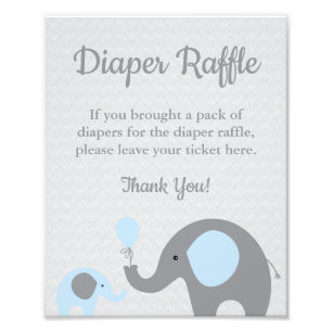 Elephant Diaper Raffle Display Sign in Blue Grey