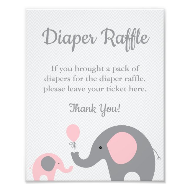 Elephant Diaper Raffle Display Sign in Pink & Grey (Front)