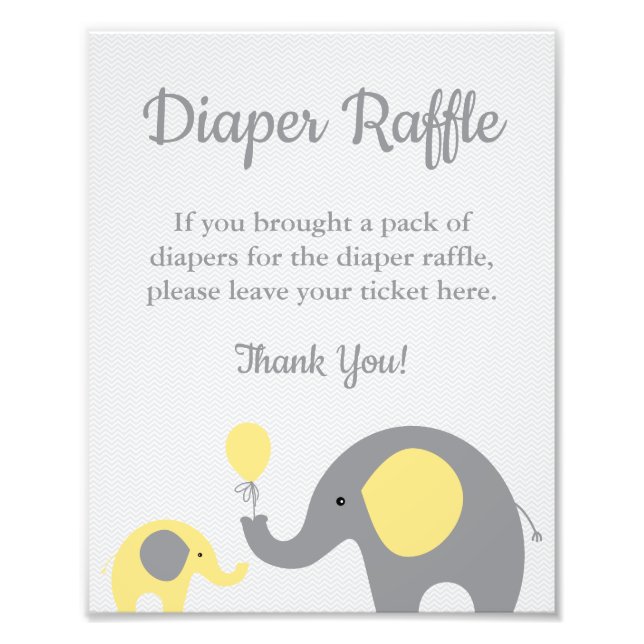 Elephant Diaper Raffle Display Sign in Yellow Grey (Front)