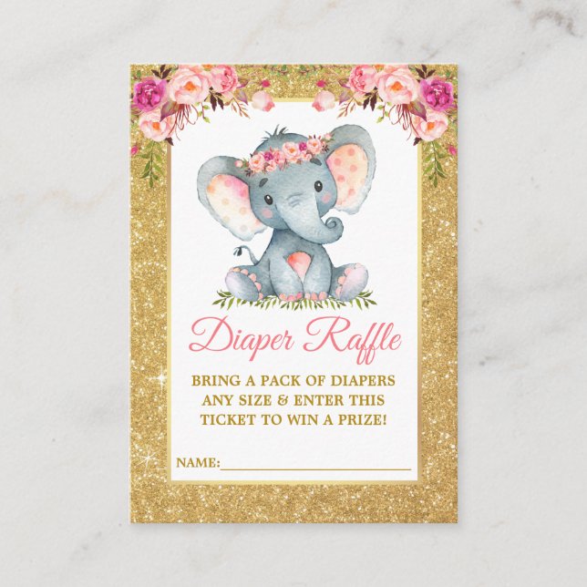 Elephant Diaper Raffle Shower Pink Floral Glitter Enclosure Card (Front)