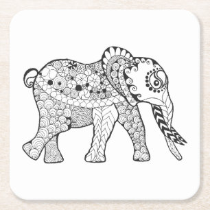 Elephant Doodle Square Paper Coaster