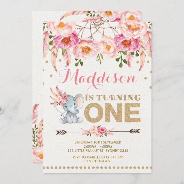 Elephant Dreamcatcher Invitation Pink Gold Floral (Front/Back)