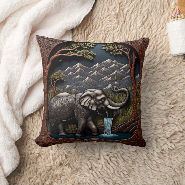 Elephant Drinks Water in Mountain Scene Throw Pillow (Blanket)