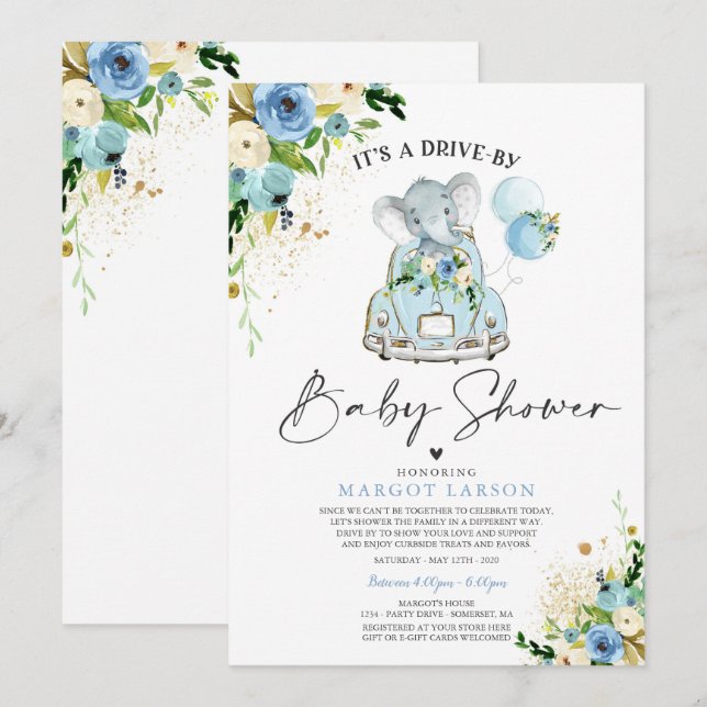 Elephant Drive By Baby Shower Invitation Blue (Front/Back)