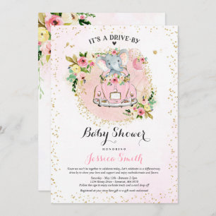 Elephant Drive By Baby Shower Invitation Pink