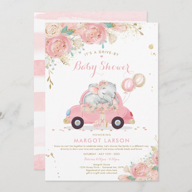 Elephant Drive By Baby Shower Invitation Pink (Front/Back)